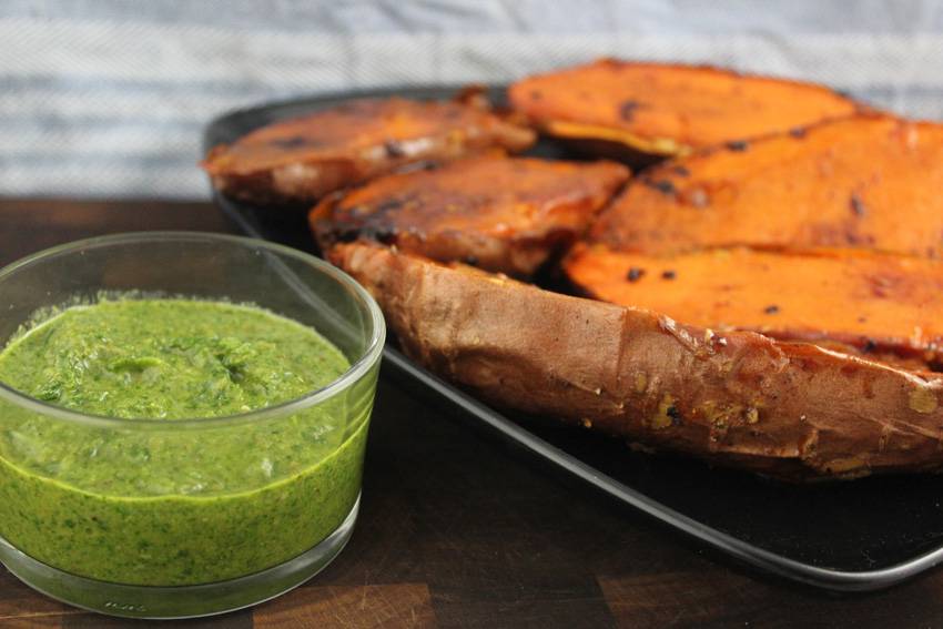 #2Ways2Percent - Roasted Sweet Potatoes with Watercress Salsa Verde | Runaway Apricot