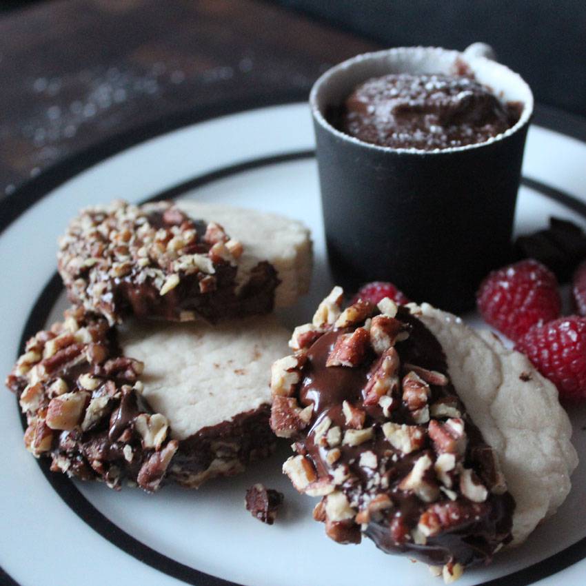 #2Ways2Percent - Spicy Chocolate- and- Pecan-Dipped Shortbread Cookies + Chocolate Avocado Mousse | Runaway Apricot