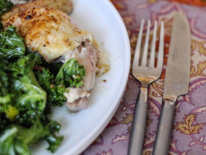 Simple Entertaining: Lemon-Coriander Roast Chicken & Kale Salad with Apples, Dried Cherries and Pecans