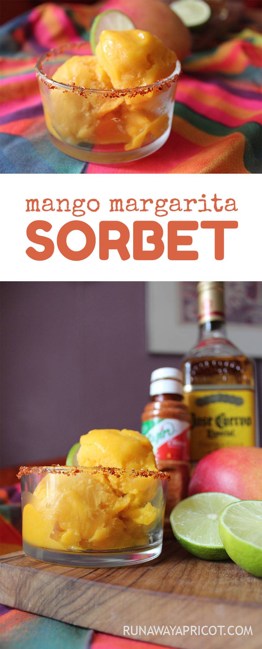 Mango Margarita Sorbet. Ripe and juicy mangoes blend with lime and tequila for a frozen treat that's happy at any hour.