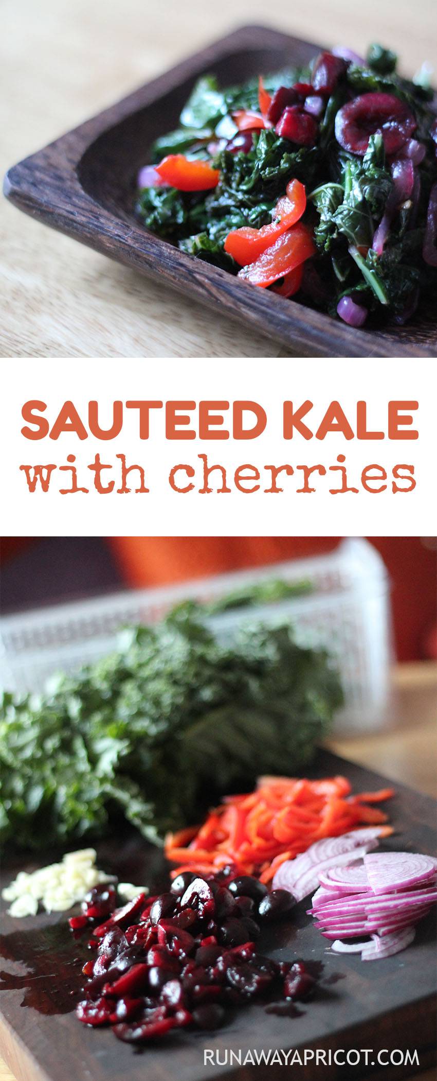 Sauteed Kale with Cherries. Make this quick side dish for a burst of color and nutrition at any meal. Reheat easily for #mealprep!