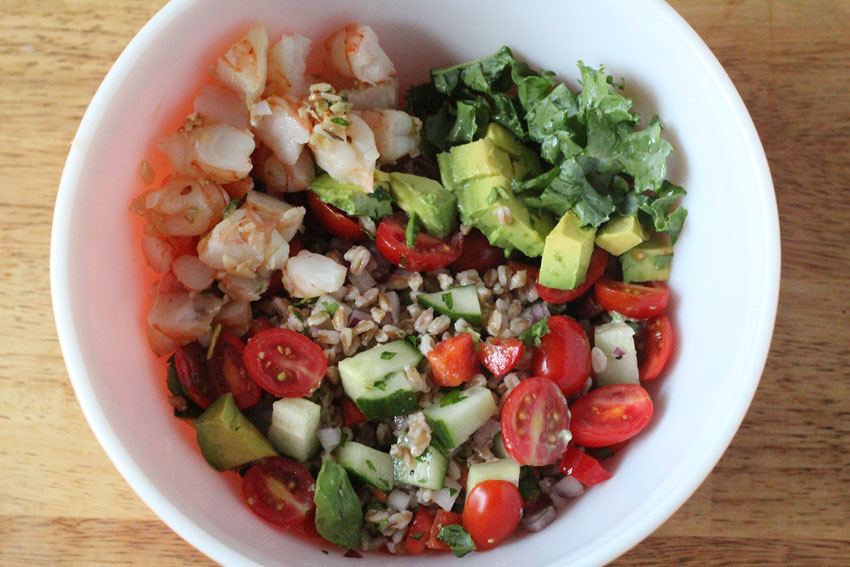 Shrimp-Avocado-Farro-Kale Salad for the ultimate summer meal prep and planning