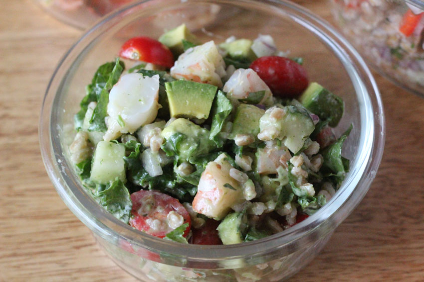 Shrimp-Avocado-Farro-Kale Salad for the ultimate summer meal prep and planning