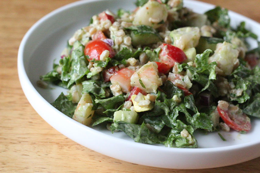 Shrimp-Avocado-Farro-Kale Salad for the ultimate summer meal prep and planning