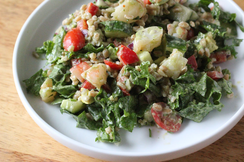 Shrimp-Avocado-Farro-Kale Salad for the ultimate summer meal prep and planning