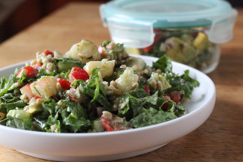 Shrimp-Avocado-Farro-Kale Salad for the ultimate healthy meal prep and planning