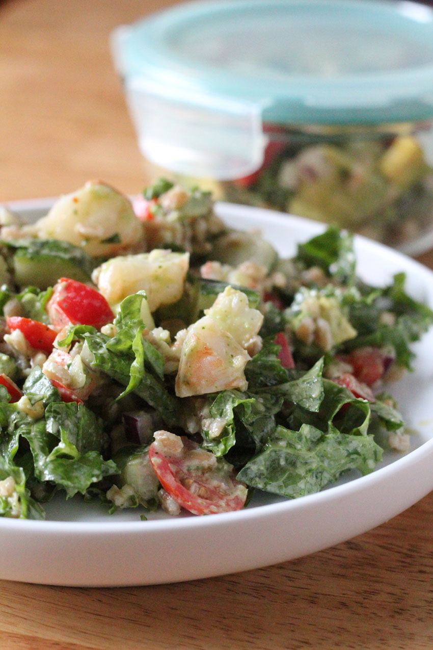 Shrimp-Avocado-Farro-Kale Salad for the ultimate healthy meal prep and planning