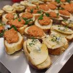 Crostini Two Ways: Roasted Red Pepper and Walnut ++ Pear, Blue Cheese, Honey and Thyme